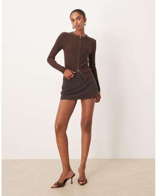 Motel Brown Liano Ribbed Long Sleeve Zip Up Cardigan
