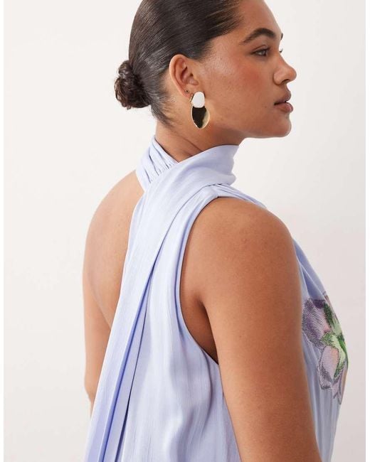 ARRANGE Blue Curve Botanical Floral Embroidered One Shoulder Maxi Dress