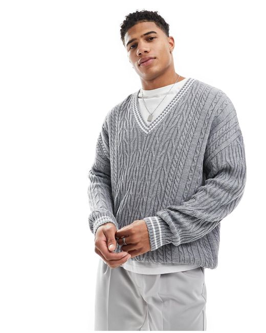 ASOS Gray Oversized Cable Knit Cricket Jumper for men