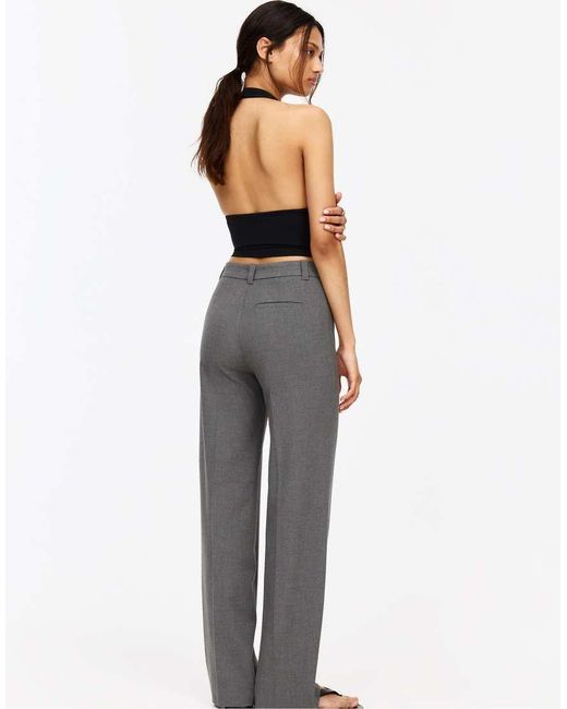Pull&Bear Gray Petite Smart High-Waist Straight-Leg Trousers