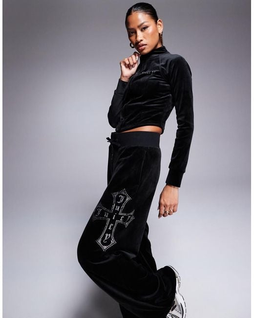 Juicy Couture Black Velour Cross Wide Leg joggers Co-ord