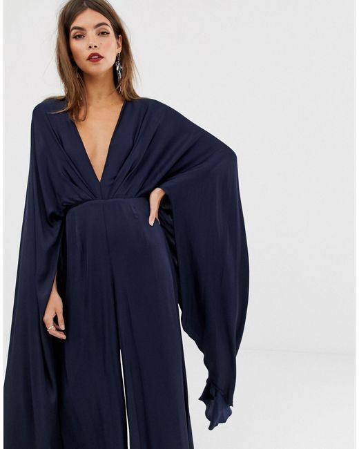ASOS Cape Sleeve Jumpsuit in Blue | Lyst