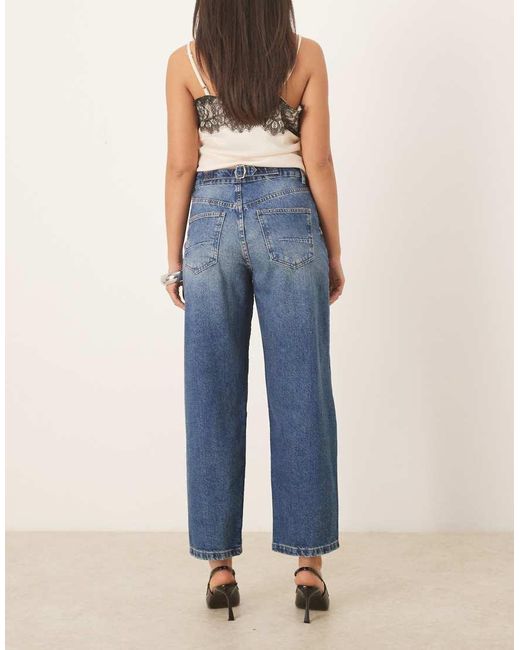 ASOS Blue Ankle Grazer Barrel Leg Jeans With Cinch