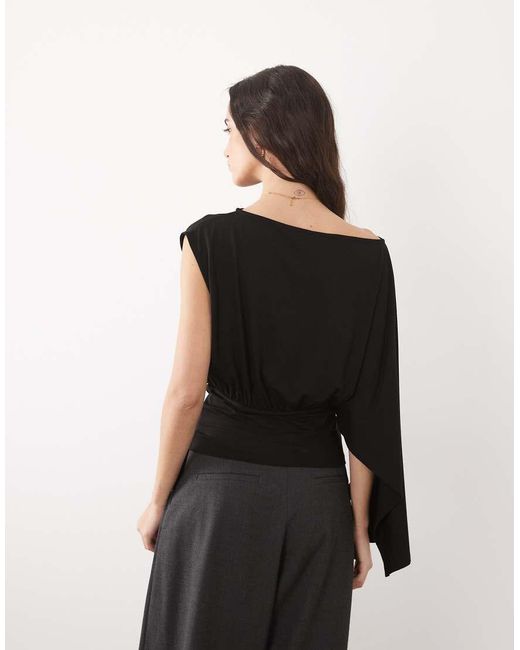 ASOS Black Slash Neck Cinch Waist Top With Cape One Sleeve Detail