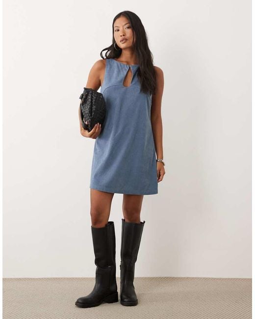 ASOS Blue Asos Design Petite Cord Slash Neck Keyhole Mini Dress