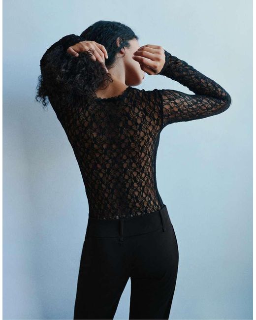 Pull&Bear Black Long Sleeve Lace Bodysuit