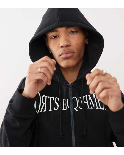 Collusion Black Zip Through Boxy Hoodie With Sports Boxer Style Print for men