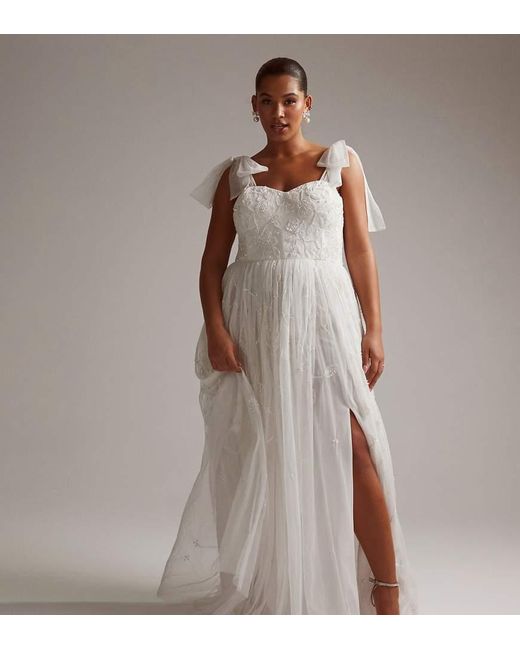 ASOS Gray Asos Design Curve Mila Floral Embellished Mesh Wedding Dress With Tie Straps