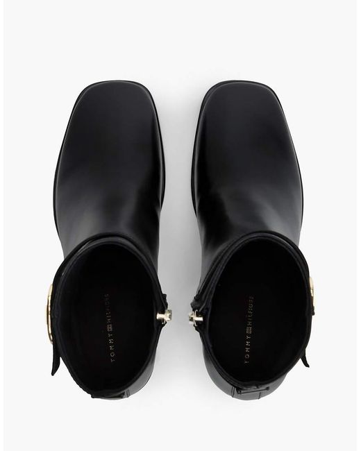 Tommy Hilfiger Black Leather Buckle Strap Block Heel Ankle Boots