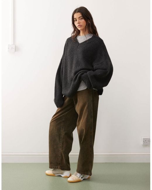 Weekday Black Wool Blend Super Oversized V Neck Jumper