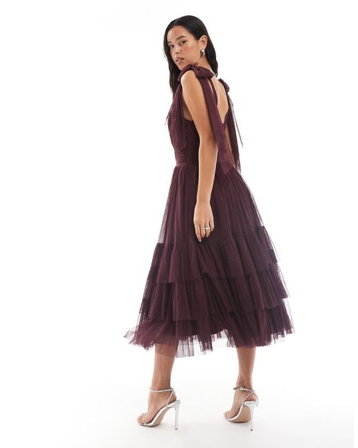 LACE & BEADS Red Bridesmaid Tulle Bow Shoulder V Neck Midi Dress