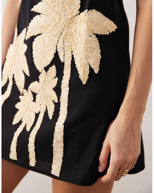 ASOS Black Cami Raffia Palm Detail Mini Sundress