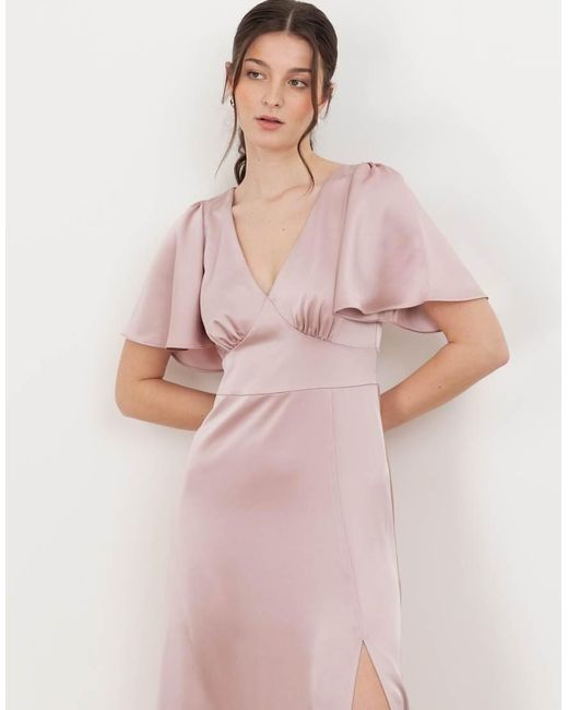 Maya Pink V Neck Angel Sleeve Satin Maxi Dress