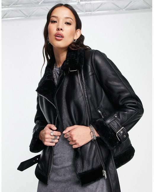 Synthetic Faux Leather Shearling Aviator Biker Jacket in Black
