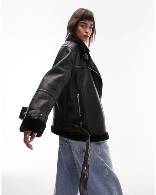 Faux Leather Shearling Oversized Aviator Biker Jacket in Black