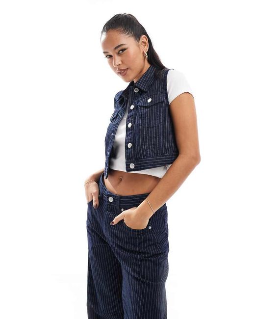 Pull&Bear Blue Striped Denim Waistcoat