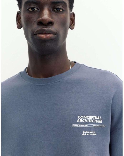 Pull&Bear Blue Short Sleeve Heavy Weight T-shirt Graphic for men