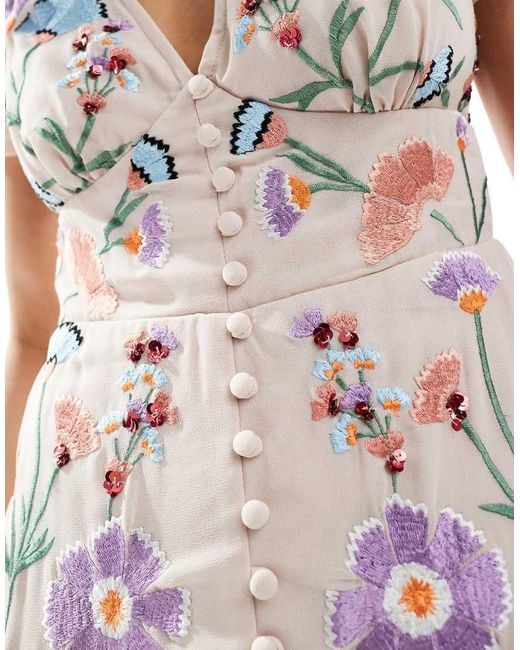 Maya Multicolor Embroidery & Faux Button Front Maxi Dress