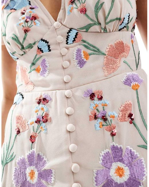 Maya Multicolor Embroidery & Faux Button Front Maxi Dress
