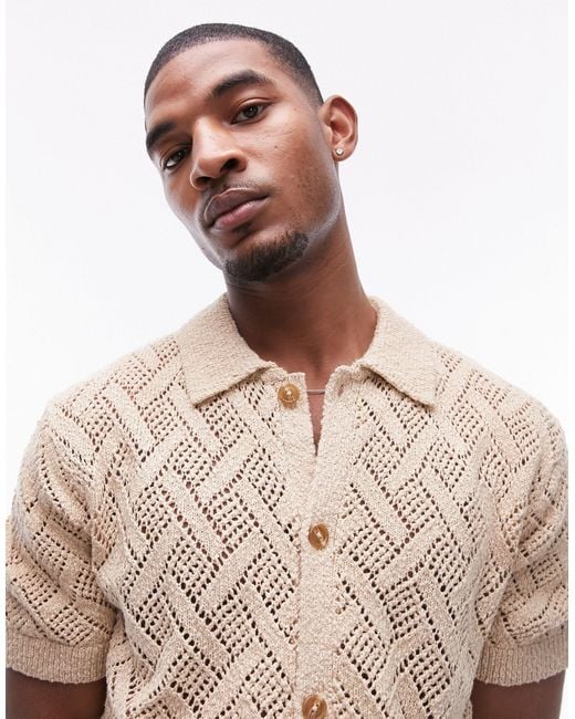 Topman Brown Crochet Button Through Shirt for men