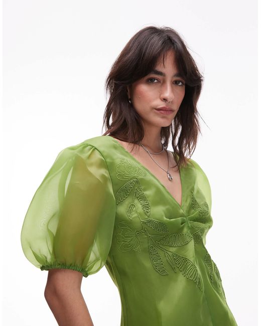 TOPSHOP Green Embroidered Organza Puff Sleeve Top
