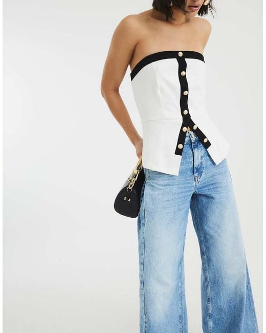 River Island Blue Bandeau Monochrome Button Top
