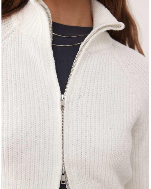 Monki Natural Ribbed Knitted Two Way Zip Cardigan