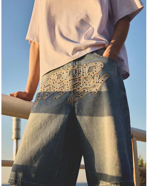 Bershka Blue Embroidered Denim Bermuda Shorts for men