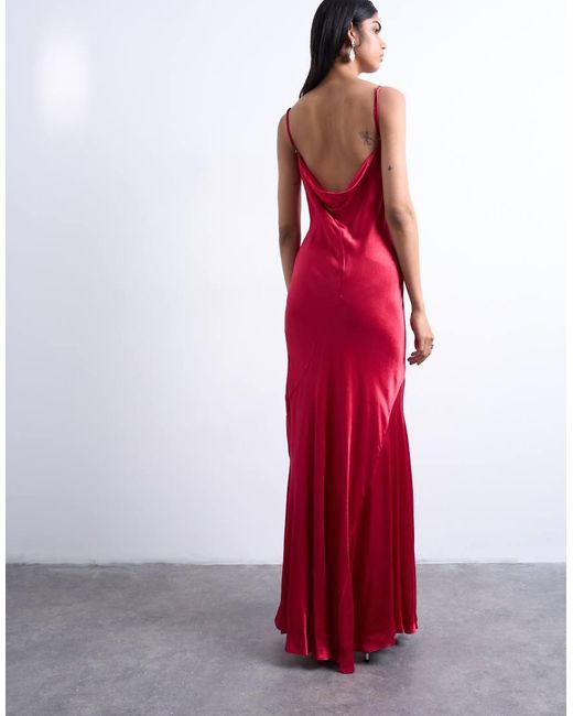 Vestido Lencero Largo De Tirantes Con Bordes Plegados De Satén De -Rojo TOPSHOP de color Red