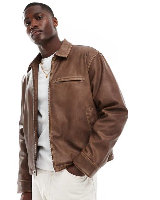 Abercrombie & Fitch Brown Cropped Zip Front Washed Faux Leather Biker Jacket for men