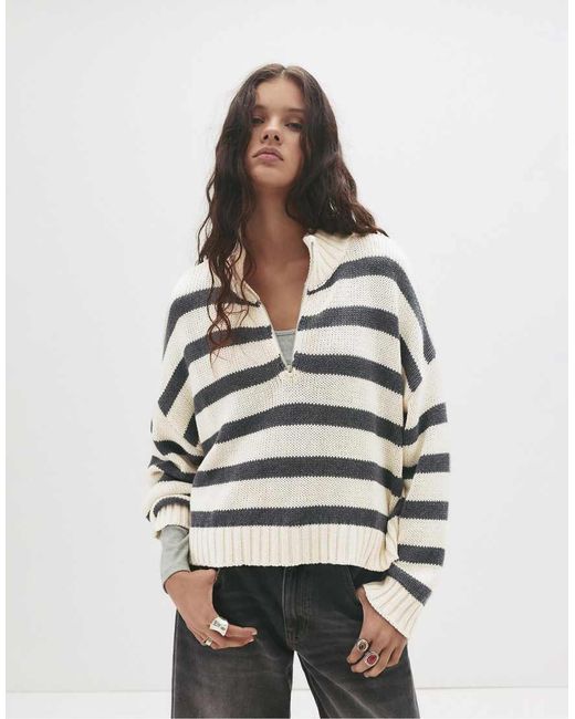 Pull&Bear White Striped Quarter-zip Sweater