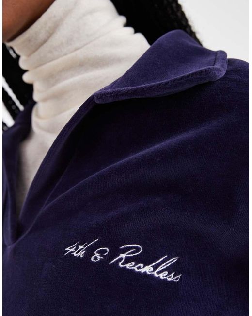 4th & Reckless Blue Exclusive Velour V Neck Collared Embroidered Logo Sweatshirt Co-Ord