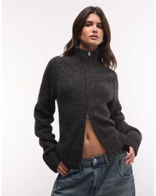 Weekday Black Wool Blend Hairy Knit Zip Through Cardigan
