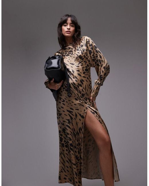 & Other Stories Brown Volume Sleeve Satin Maxi Dress With Drape Back Detail