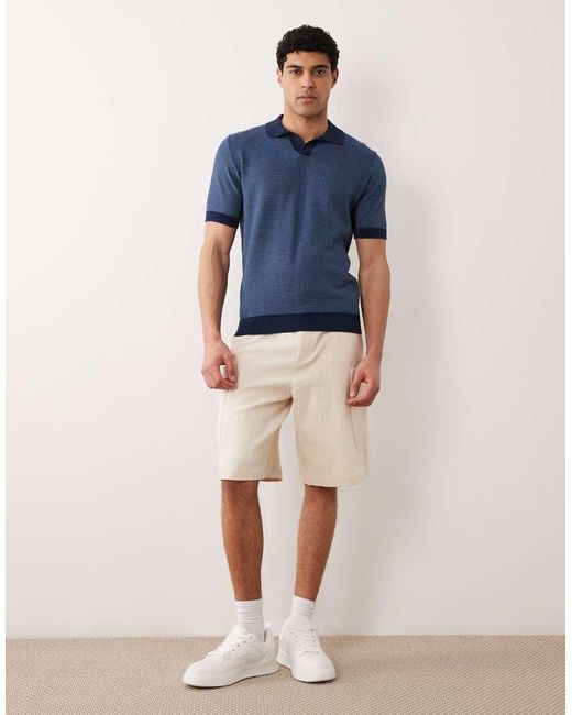 Mango Blue Knit Camp Collar Short Sleeve Polo Shirt for men