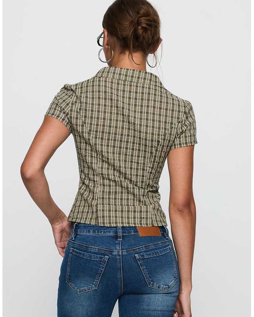 Princess Polly Green Alma Cotton Rich Pleat Waist Detail Pocket Front Fitted Short Sleeve Shirt