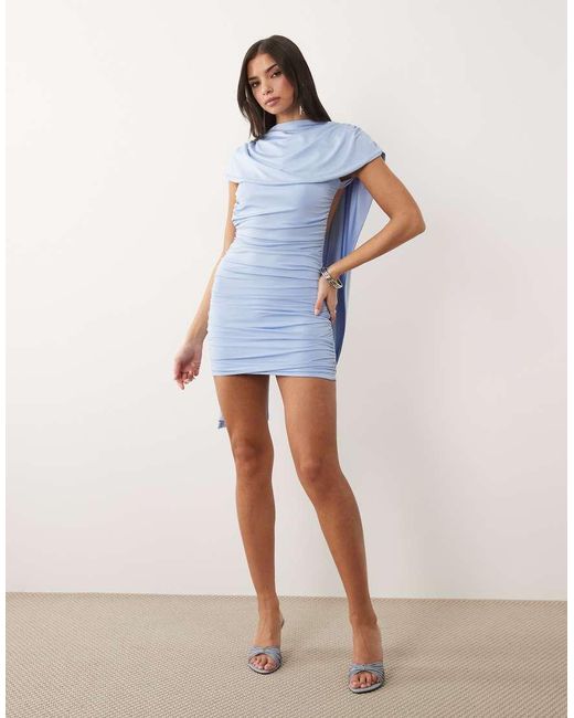 Aria Cove Blue Double Sculpted Slinky Cape Drape Detail Open Back Mini Dress