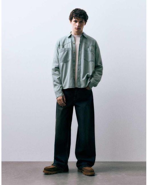 Pull&Bear Green Cowboy Striped Shirt for men