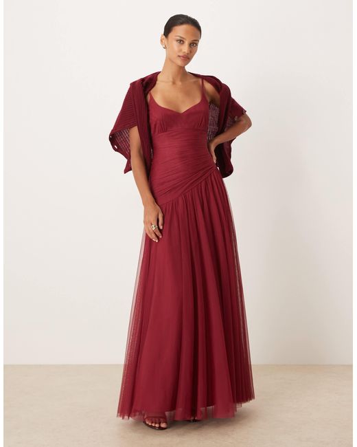 LACE & BEADS Women's Red Hosanna Tulle Cami Sweetheart Neck Asymmetric Drop  Waist Maxi Dress