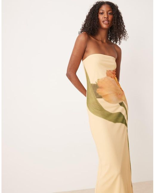 ASOS Bandeau Maxi Jurk Met Mesh Bloemenprint in het Natural