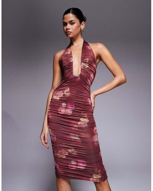 Oh Polly Red Ornella Plunge Halter Neck Midi Dress