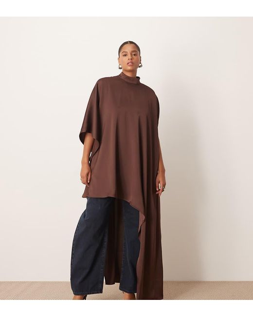 ARRANGE Brown Curve High Neck Cape Sleeve Mini Dress With Asymmetric Hem
