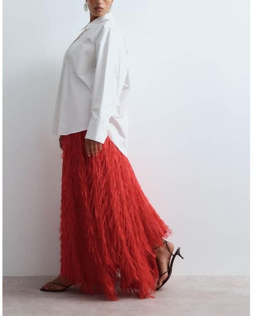 ARRANGE White Curve Fringe Texture Asymmetric Maxi Skirt