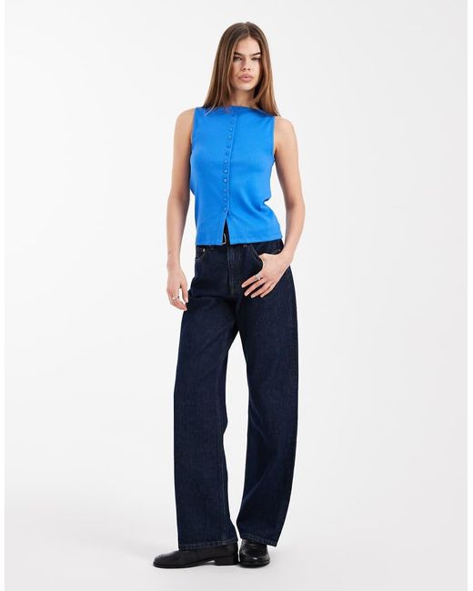 New Look Blue Boat Neck Button Through Tank Top