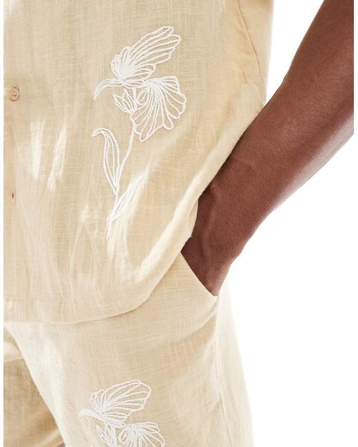 New Look Natural Crinkle Embroidered Shirt Co-Ord for men