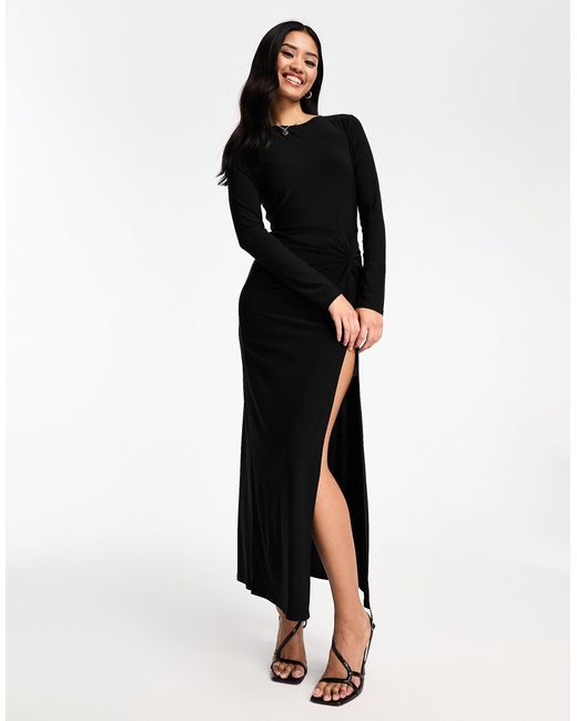 New Look Black Long Sleeve Ruched Midi Dress