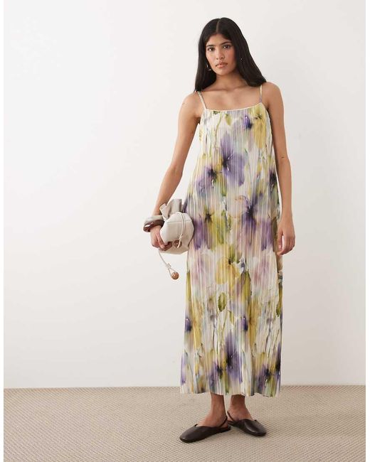 ASOS Natural Sleeveless Square Neck Plisse Midi Dress