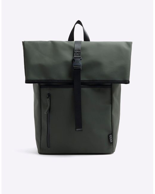 River Island Black Rubberised Roll Top Backpack for men
