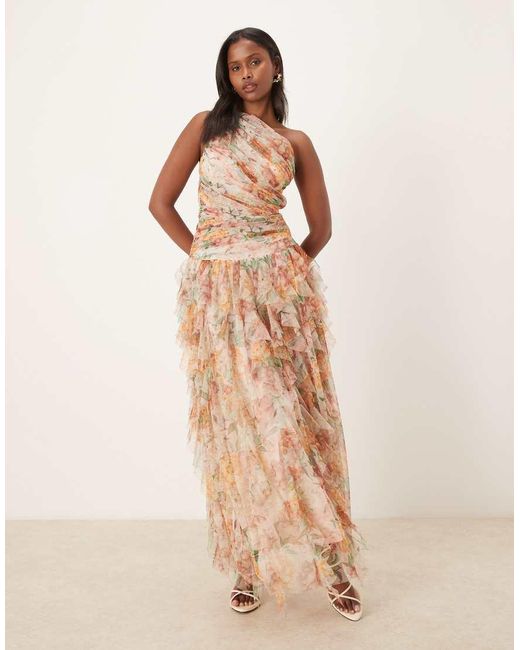 LACE & BEADS Natural One Shoulder Waterfall Ruffle Maxi Dress