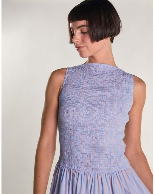 Glamorous Blue Slash Neck Shirring Midi Dress